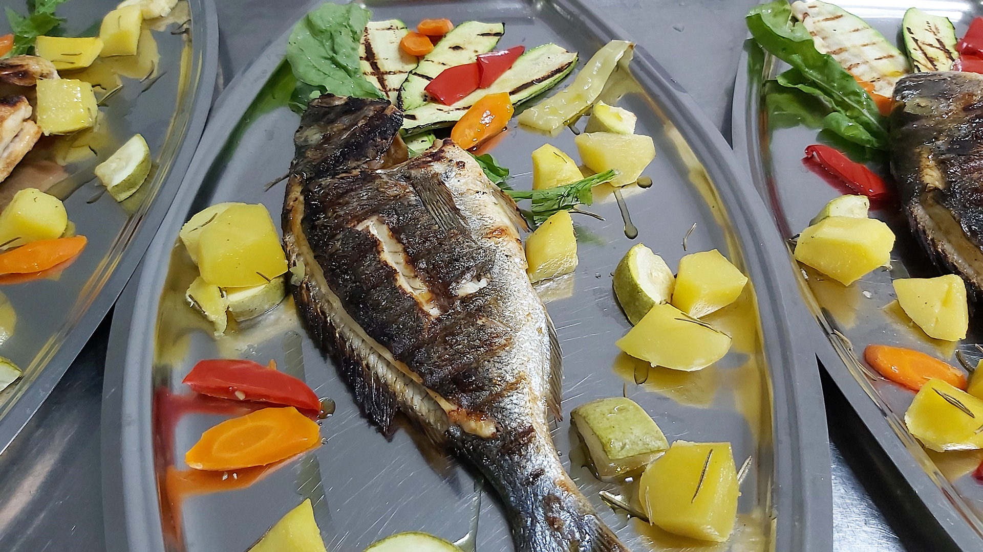 The view of a served fresh grilled fish dish in Akrogiali hotel in Halkidiki